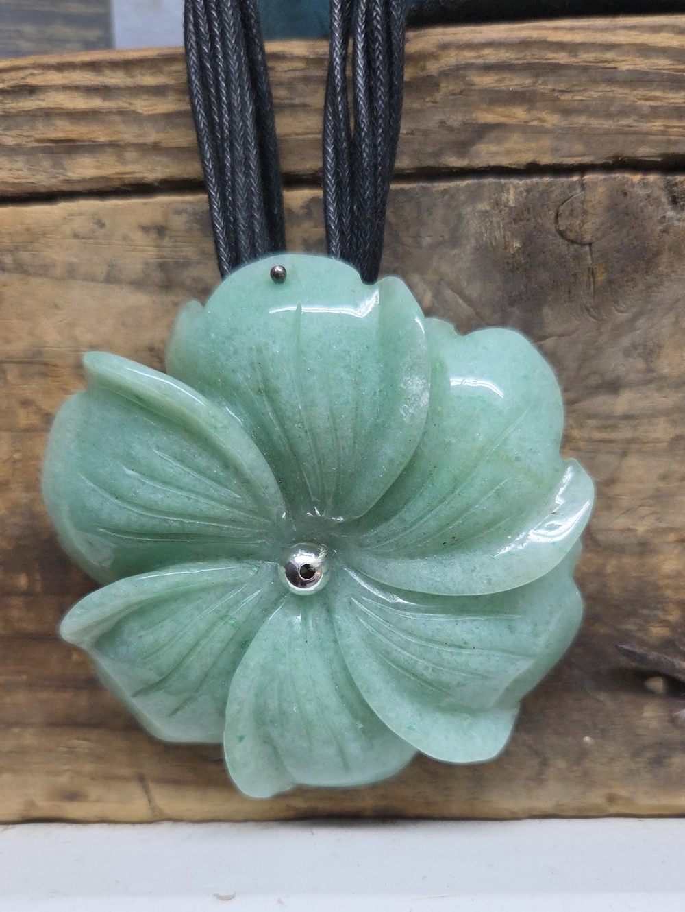 Carved Green Aventurine Jade Flower Pendant Statement Necklace